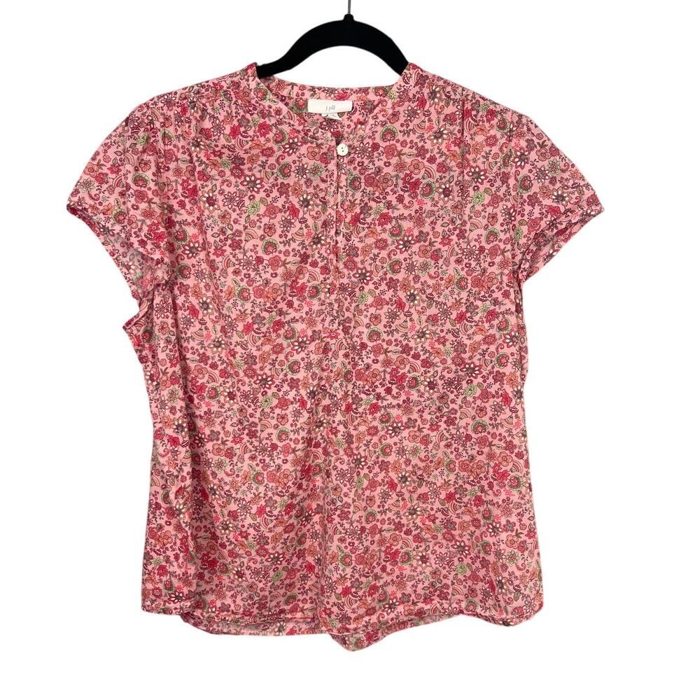 J Jill Pink Ditsy Floral Cap Sleeve Blouse Size M Petite